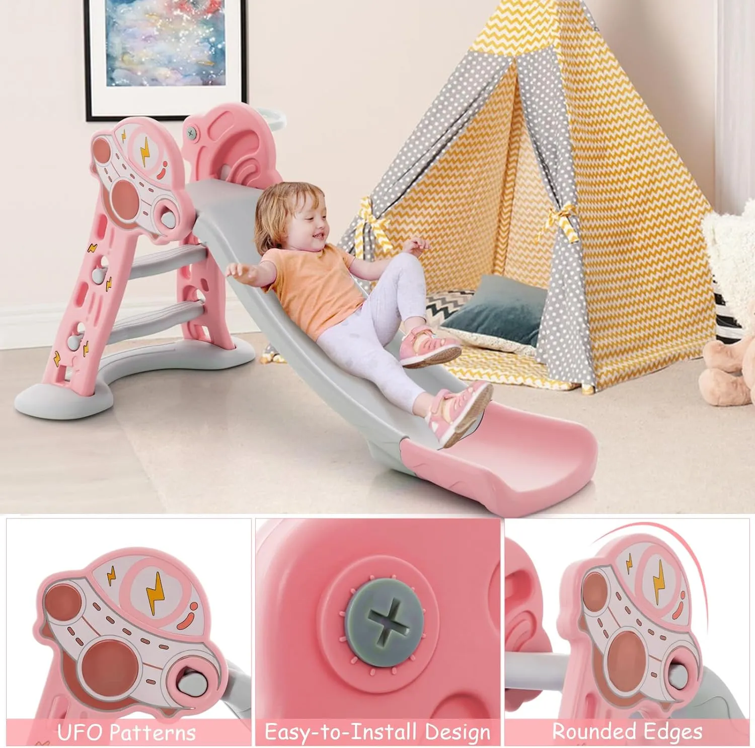 3-in-1 First Folding Slide | Garden Climber Slide Set & Basketball Hoop | Pink | 18m 