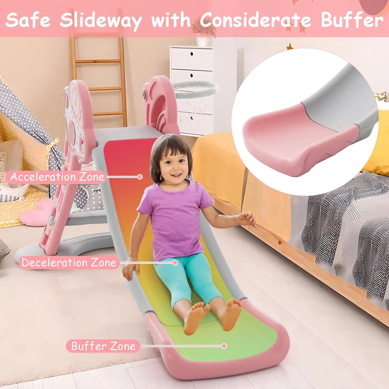 3-in-1 First Folding Slide | Garden Climber Slide Set & Basketball Hoop | Pink | 18m 