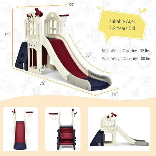 6-In-1 Large Slide for Kids Toddler Climber Slide Playset with Basketball Hoop-B