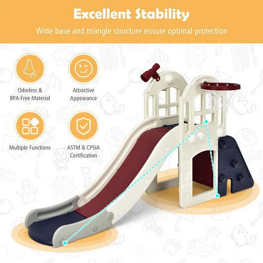 6-In-1 Large Slide for Kids Toddler Climber Slide Playset with Basketball Hoop-B