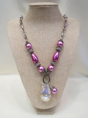 ADO | Pink Pearl Necklace with Teardrop Crystal Pendant Charm