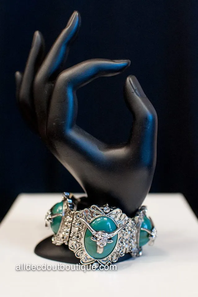ADO |  Silver Bull Stretch Bracelet with Turquoise Stones