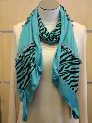 ADO | Wrap Blue Zebra Print Scarf with Blue Fuzz Balls