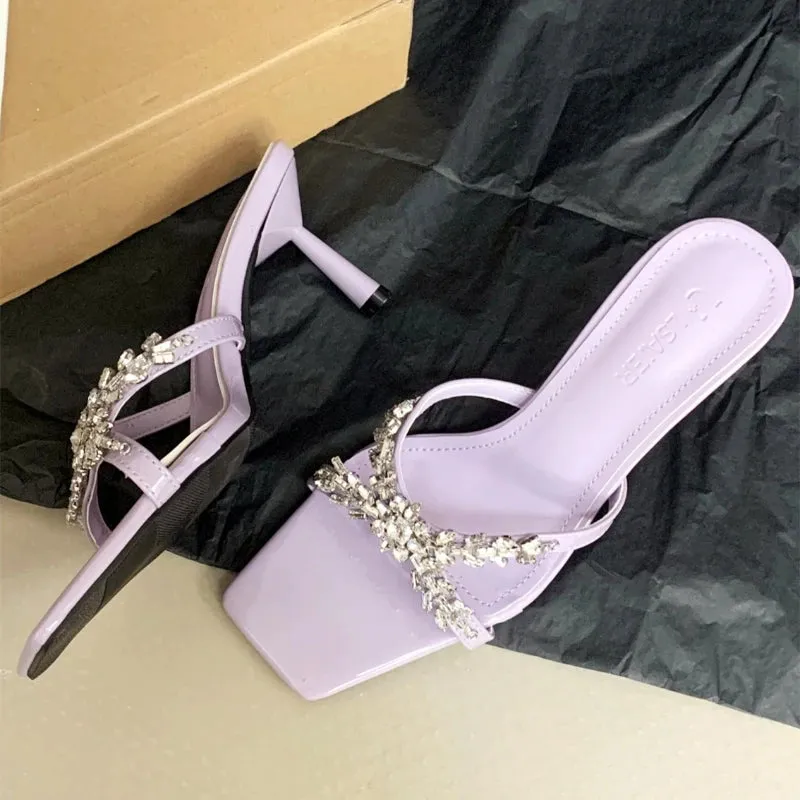 ADVBRIDGE  -  Luxury Rhinestone Open Toe Heeled Shoes Woman Satin Square Toe Designer Women Sandals Fashion Elegant Thin Heeled Slide Sandals