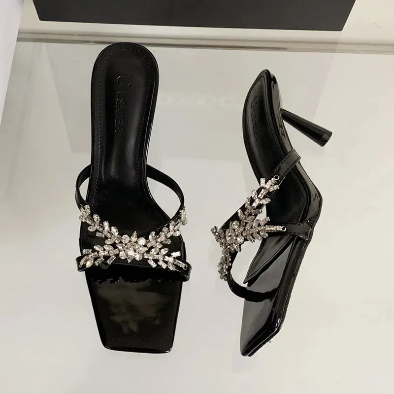ADVBRIDGE  -  Luxury Rhinestone Open Toe Heeled Shoes Woman Satin Square Toe Designer Women Sandals Fashion Elegant Thin Heeled Slide Sandals