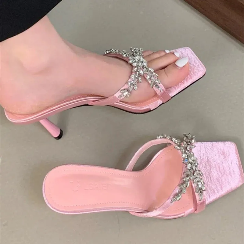 ADVBRIDGE  -  Luxury Rhinestone Open Toe Heeled Shoes Woman Satin Square Toe Designer Women Sandals Fashion Elegant Thin Heeled Slide Sandals