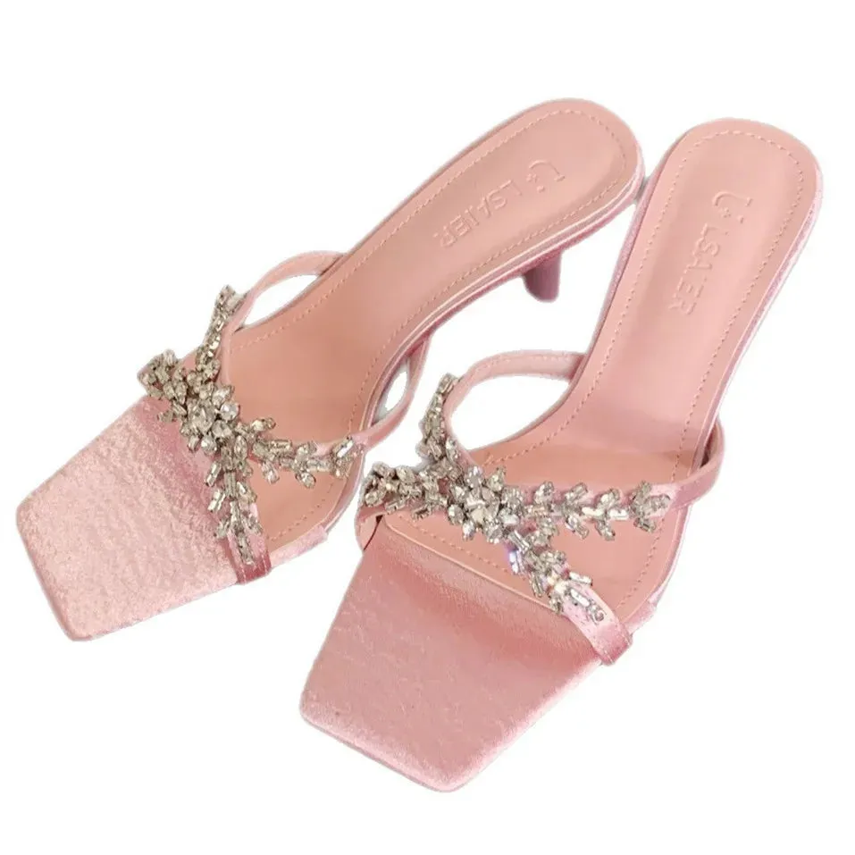 ADVBRIDGE  -  Luxury Rhinestone Open Toe Heeled Shoes Woman Satin Square Toe Designer Women Sandals Fashion Elegant Thin Heeled Slide Sandals