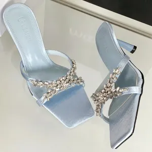 ADVBRIDGE  -  Luxury Rhinestone Open Toe Heeled Shoes Woman Satin Square Toe Designer Women Sandals Fashion Elegant Thin Heeled Slide Sandals