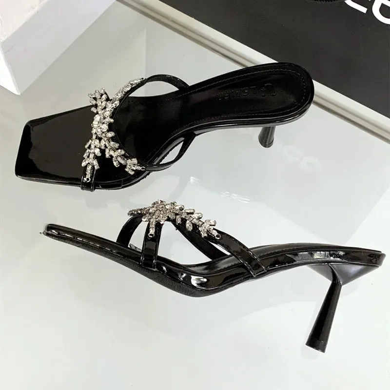 ADVBRIDGE  -  Luxury Rhinestone Open Toe Heeled Shoes Woman Satin Square Toe Designer Women Sandals Fashion Elegant Thin Heeled Slide Sandals