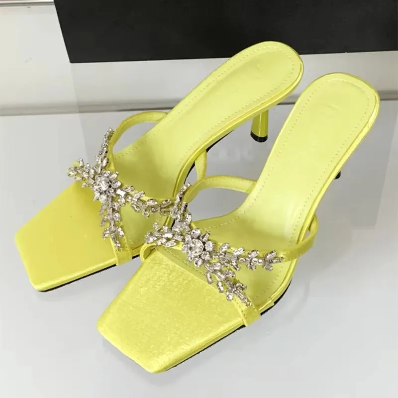 ADVBRIDGE  -  Luxury Rhinestone Open Toe Heeled Shoes Woman Satin Square Toe Designer Women Sandals Fashion Elegant Thin Heeled Slide Sandals