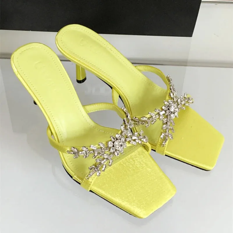 ADVBRIDGE  -  Luxury Rhinestone Open Toe Heeled Shoes Woman Satin Square Toe Designer Women Sandals Fashion Elegant Thin Heeled Slide Sandals