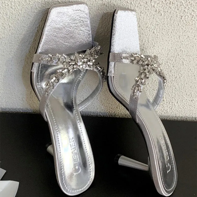 ADVBRIDGE  -  Luxury Rhinestone Open Toe Heeled Shoes Woman Satin Square Toe Designer Women Sandals Fashion Elegant Thin Heeled Slide Sandals