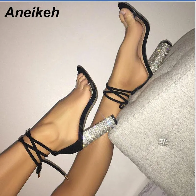 Aneikeh Women High Heels Sandals Square Heels Crystal Heeled Platform Shoes