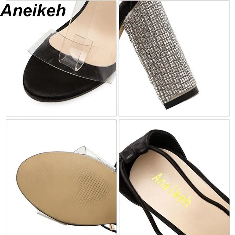 Aneikeh Women High Heels Sandals Square Heels Crystal Heeled Platform Shoes