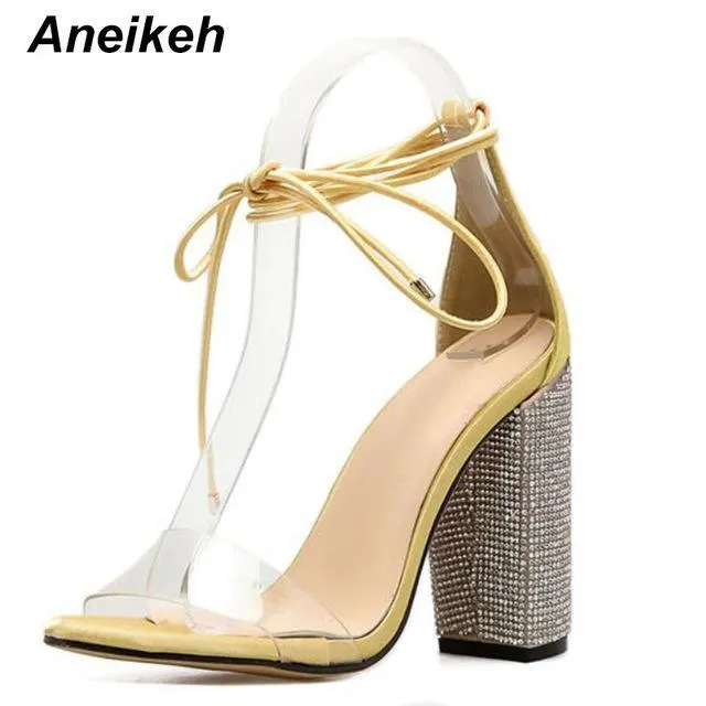 Aneikeh Women High Heels Sandals Square Heels Crystal Heeled Platform Shoes