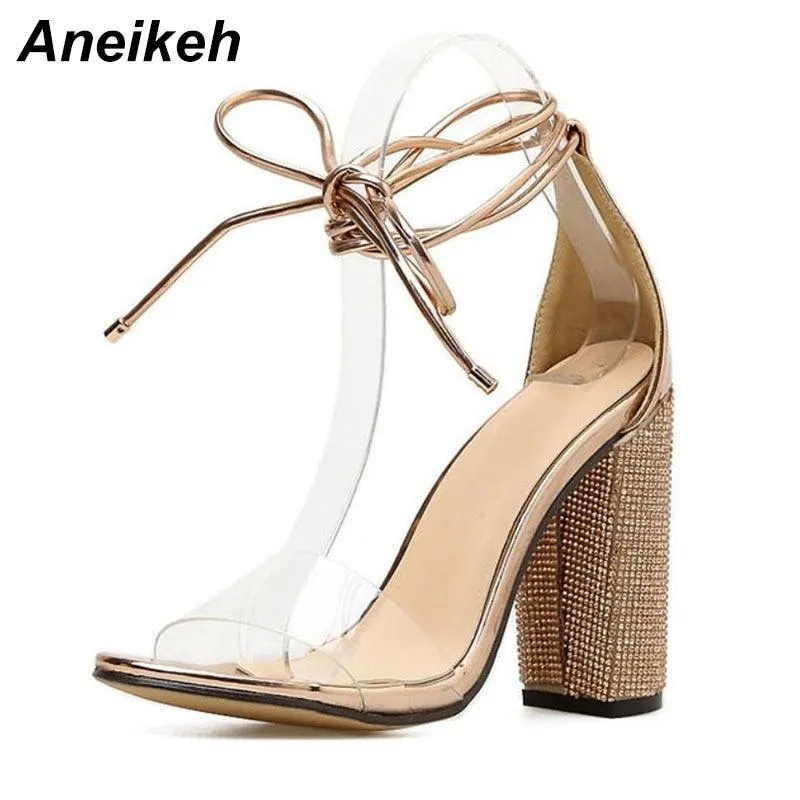 Aneikeh Women High Heels Sandals Square Heels Crystal Heeled Platform Shoes