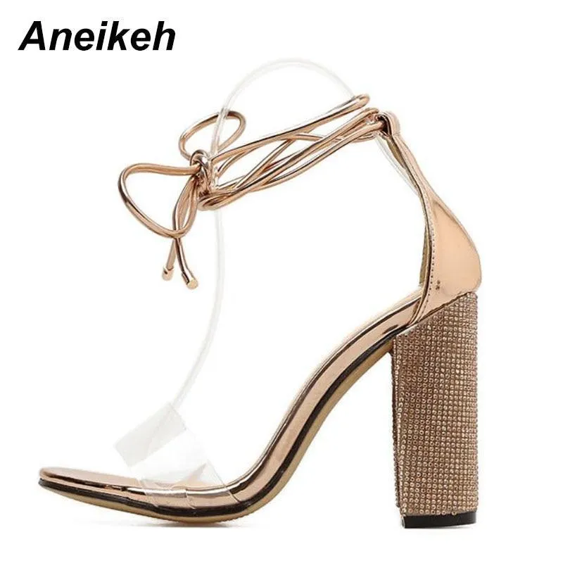 Aneikeh Women High Heels Sandals Square Heels Crystal Heeled Platform Shoes