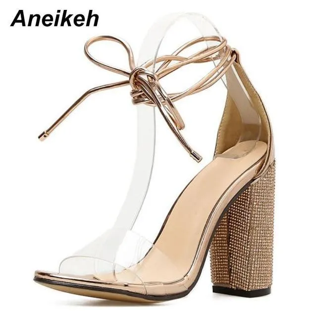 Aneikeh Women High Heels Sandals Square Heels Crystal Heeled Platform Shoes