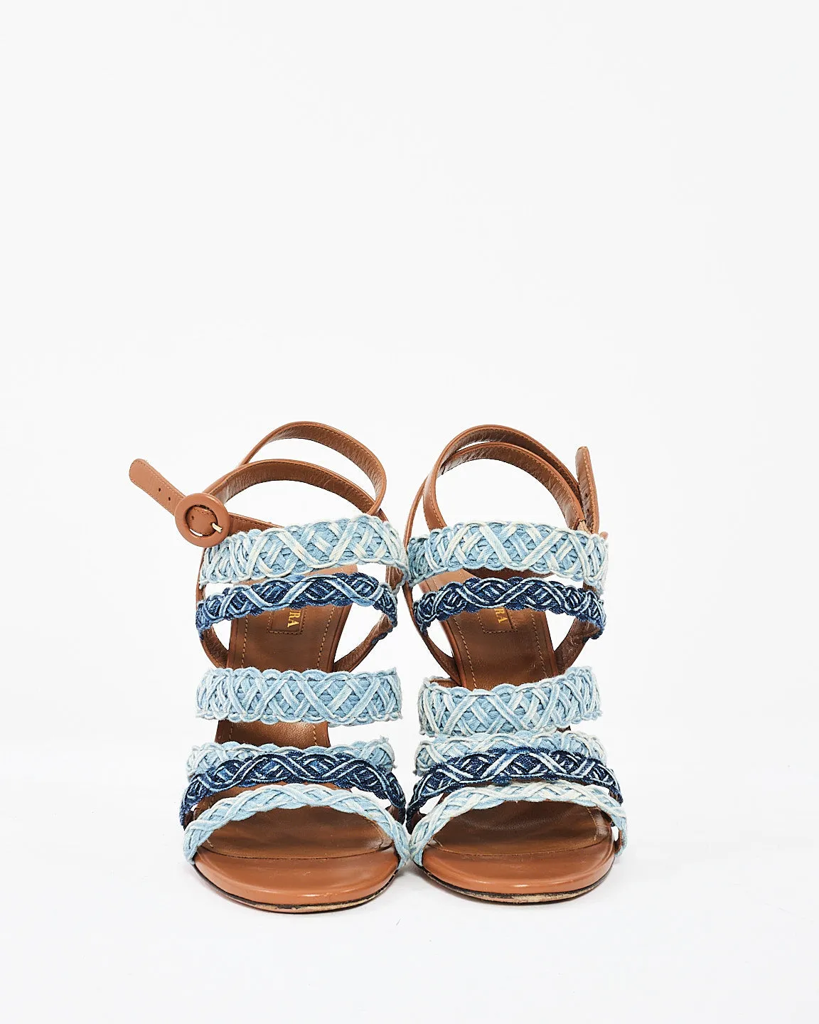 Aquazzura Braided Denim & Tan Leather Tyra Heeled Sandals - 37