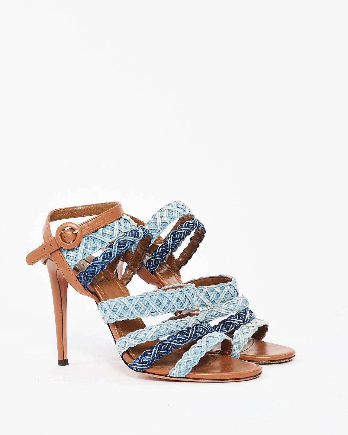 Aquazzura Braided Denim & Tan Leather Tyra Heeled Sandals - 37