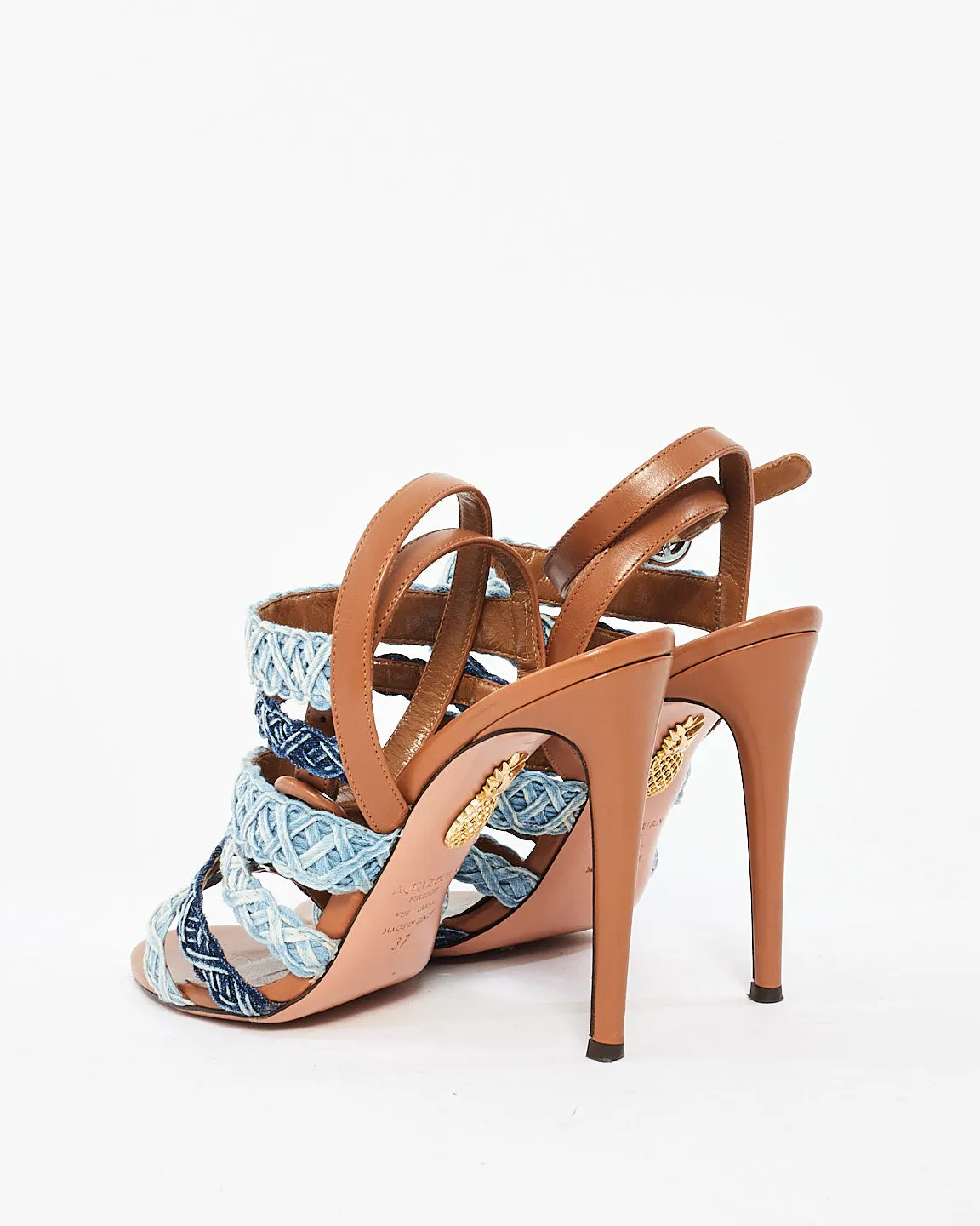 Aquazzura Braided Denim & Tan Leather Tyra Heeled Sandals - 37