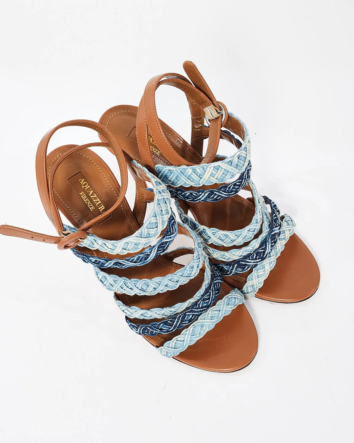 Aquazzura Braided Denim & Tan Leather Tyra Heeled Sandals - 37