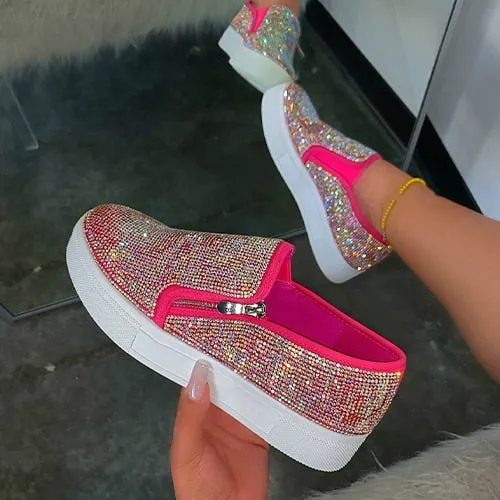 Back to college Joskaa 2024 New Women Flat Loafers Woman Rhinestone Shoes Female Autumn Casual Platform Women's Glitter Design Slip On Shoes Plus Size