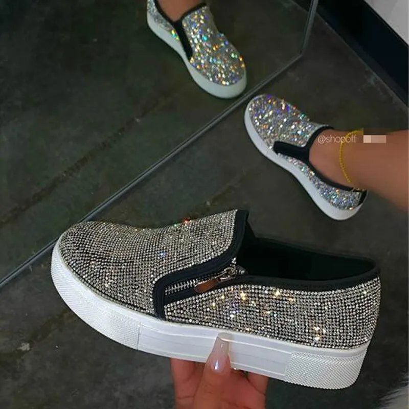 Back to college Joskaa 2024 New Women Flat Loafers Woman Rhinestone Shoes Female Autumn Casual Platform Women's Glitter Design Slip On Shoes Plus Size