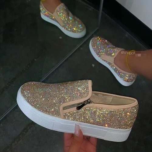 Back to college Joskaa 2024 New Women Flat Loafers Woman Rhinestone Shoes Female Autumn Casual Platform Women's Glitter Design Slip On Shoes Plus Size