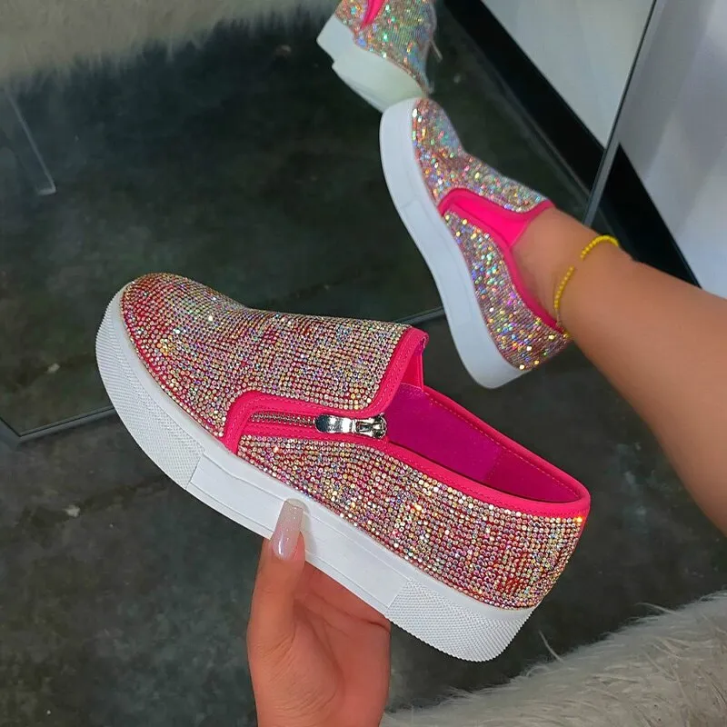 Back to college Joskaa 2024 New Women Flat Loafers Woman Rhinestone Shoes Female Autumn Casual Platform Women's Glitter Design Slip On Shoes Plus Size