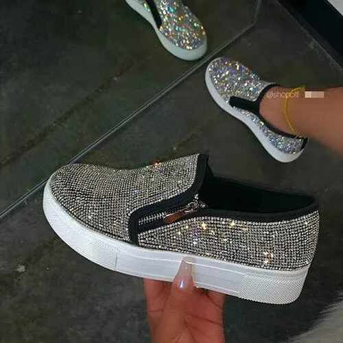 Back to college Joskaa 2024 New Women Flat Loafers Woman Rhinestone Shoes Female Autumn Casual Platform Women's Glitter Design Slip On Shoes Plus Size