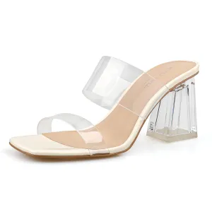 BCTEX COLL Women's Clear Heeled Sandals Transparent Two Strap Square Toe Slip On Chunky Block Heels Dress Shoes, Beige, Size 6.5