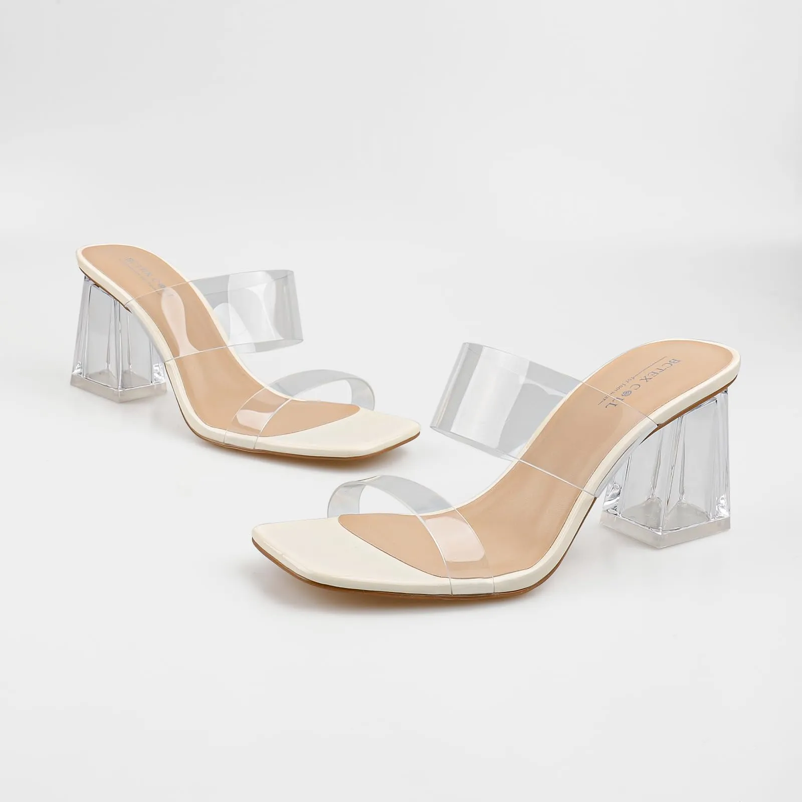 BCTEX COLL Women's Clear Heeled Sandals Transparent Two Strap Square Toe Slip On Chunky Block Heels Dress Shoes, Beige, Size 6.5