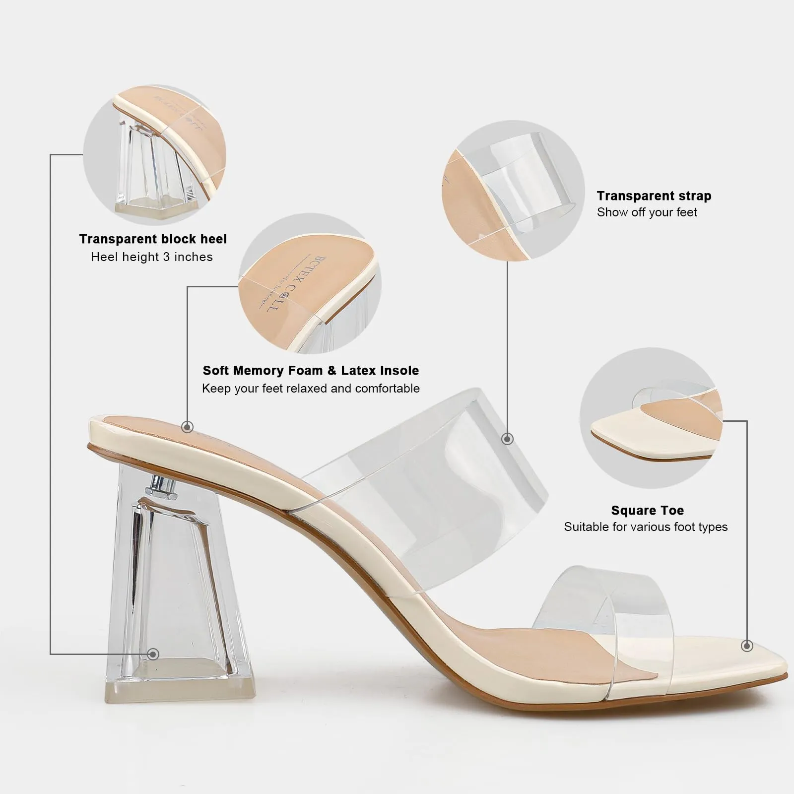 BCTEX COLL Women's Clear Heeled Sandals Transparent Two Strap Square Toe Slip On Chunky Block Heels Dress Shoes, Beige, Size 6.5