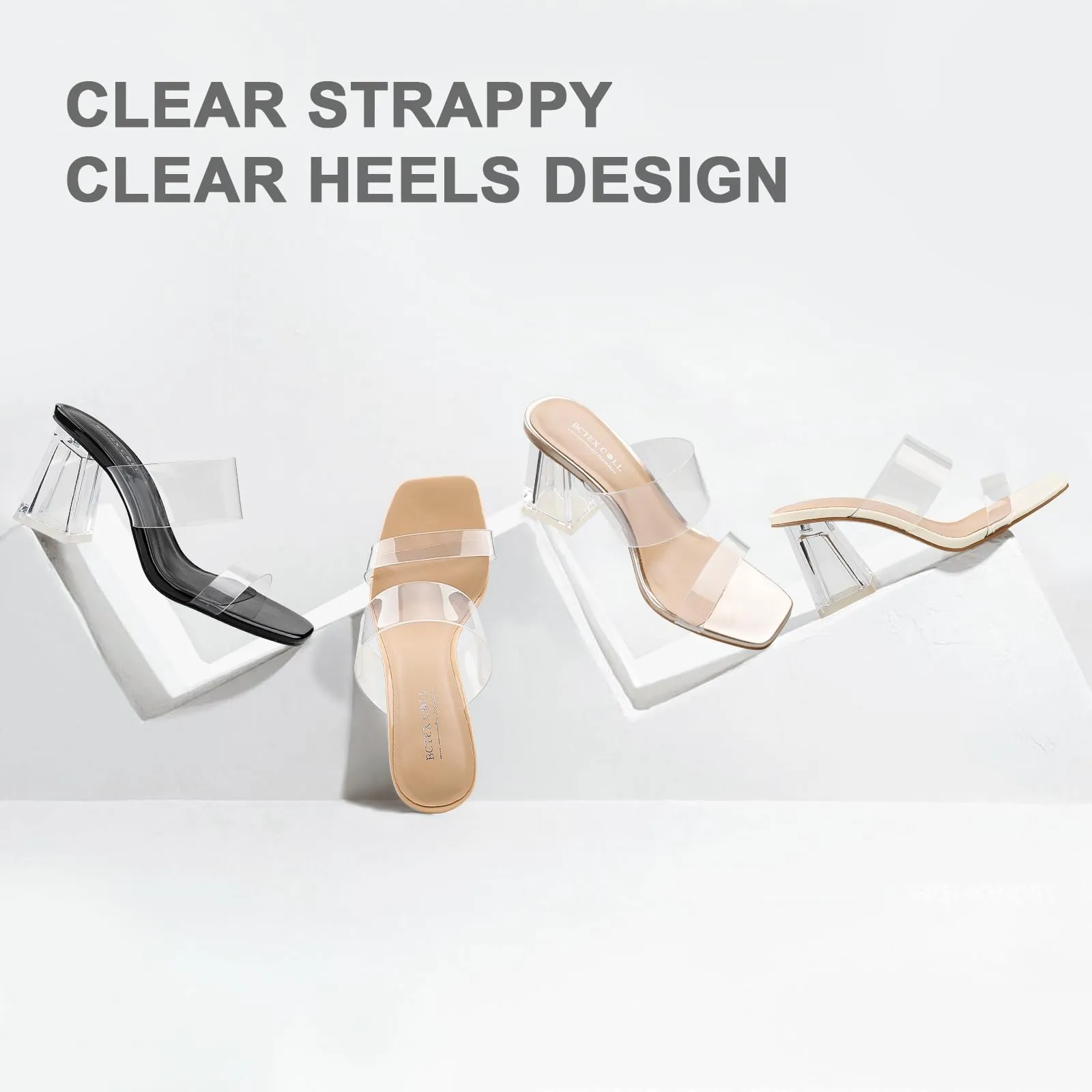 BCTEX COLL Women's Clear Heeled Sandals Transparent Two Strap Square Toe Slip On Chunky Block Heels Dress Shoes, Beige, Size 6.5