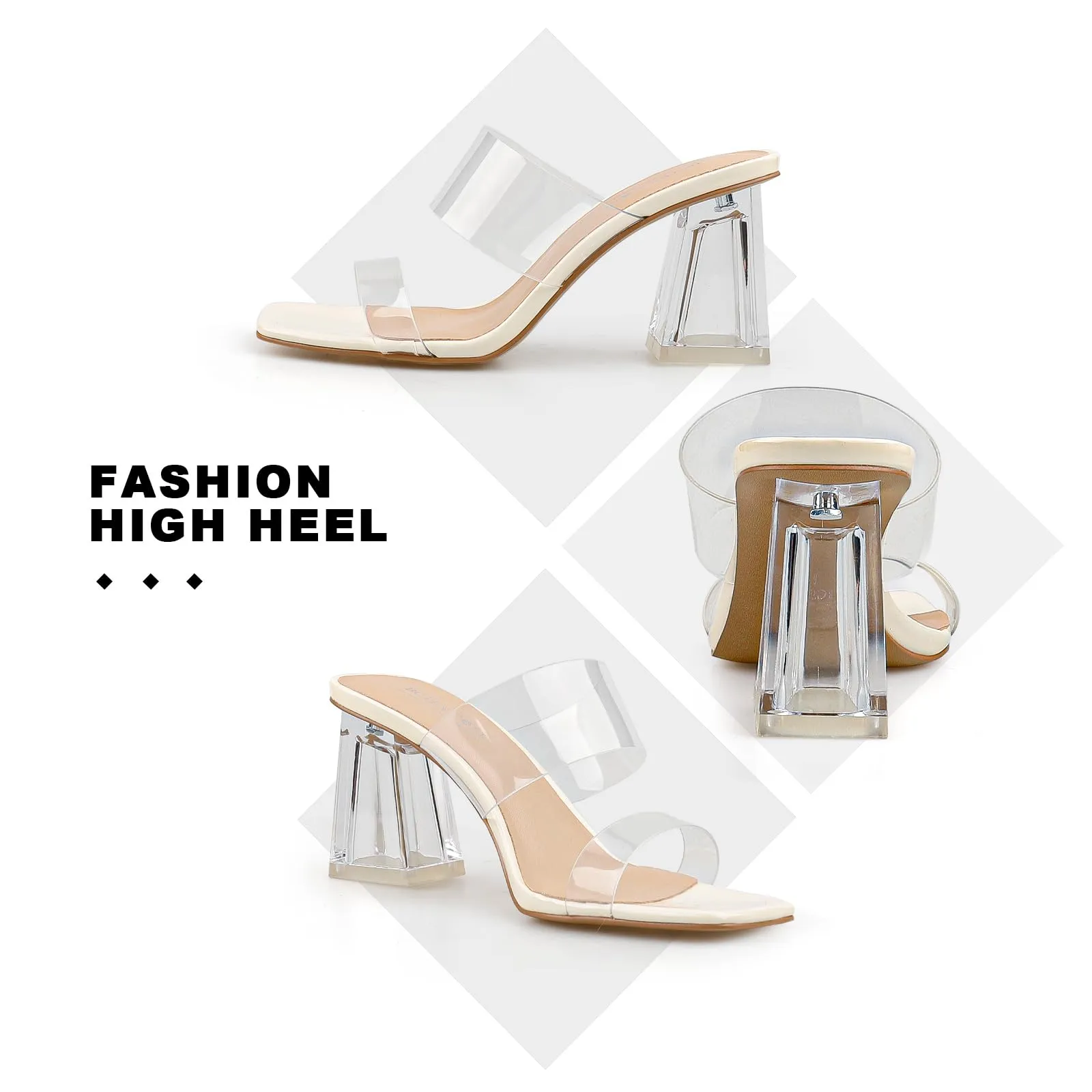 BCTEX COLL Women's Clear Heeled Sandals Transparent Two Strap Square Toe Slip On Chunky Block Heels Dress Shoes, Beige, Size 6.5
