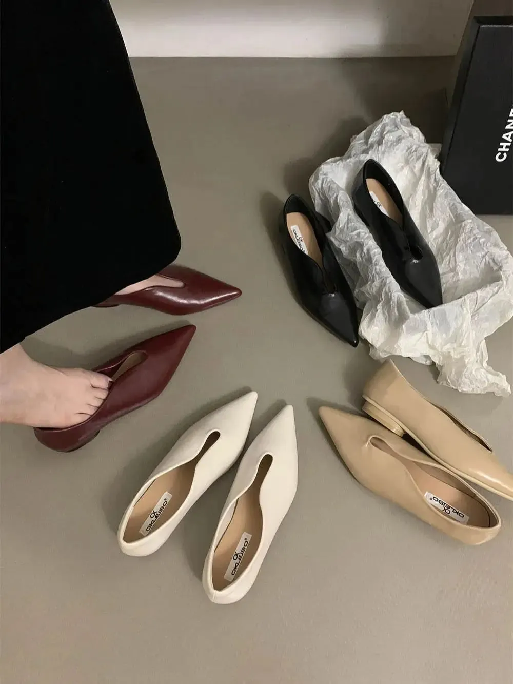 binfenxie  -  Fashion Women Flats Loafers Pointed Toe Shallow Slip On Flat Low Heels Black Red White Yellow Casual Mules Shoes Size 35-39