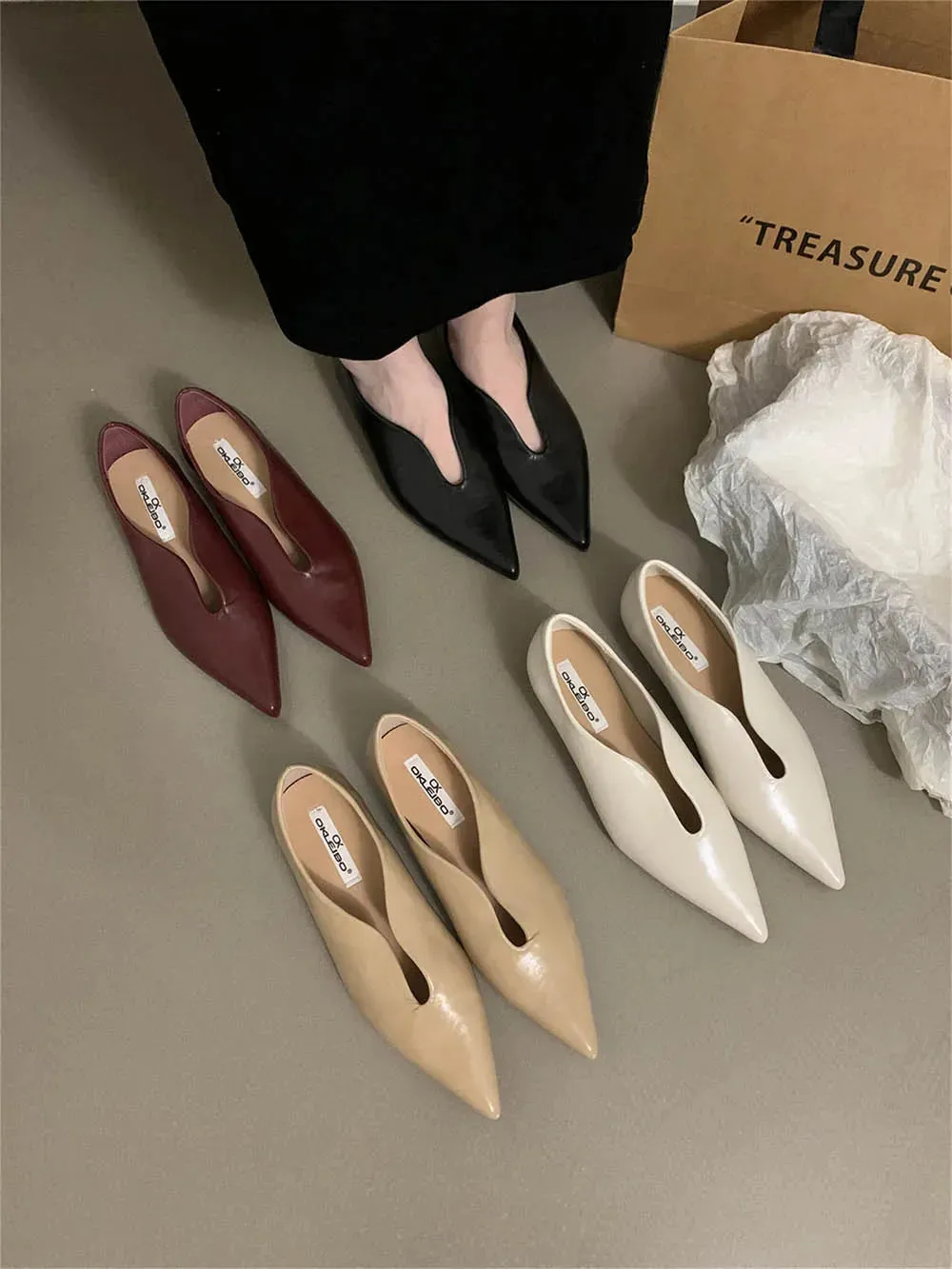 binfenxie  -  Fashion Women Flats Loafers Pointed Toe Shallow Slip On Flat Low Heels Black Red White Yellow Casual Mules Shoes Size 35-39