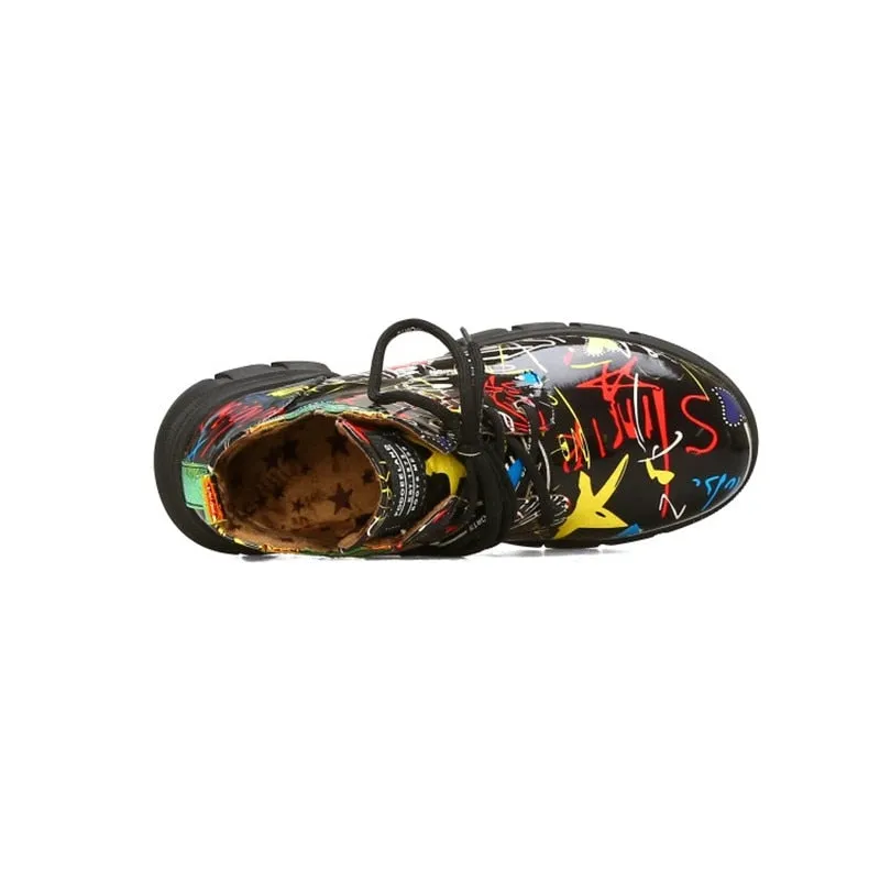 British style graffiti thick with newspaper pattern personality short boots