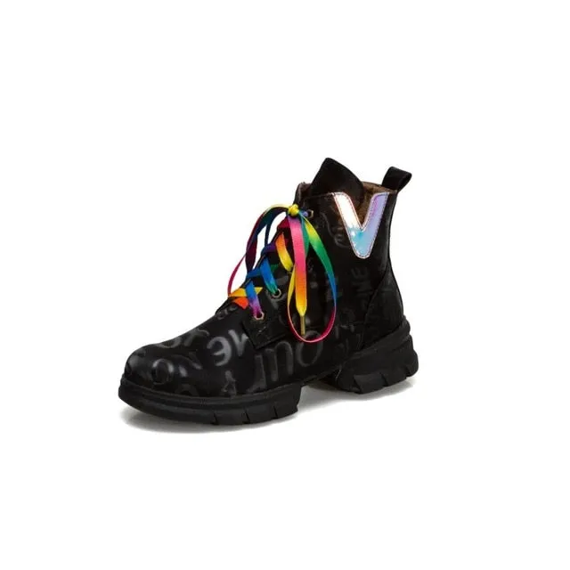 British style graffiti thick with newspaper pattern personality short boots