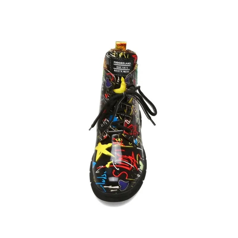 British style graffiti thick with newspaper pattern personality short boots