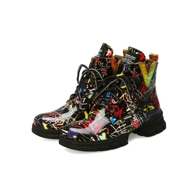 British style graffiti thick with newspaper pattern personality short boots