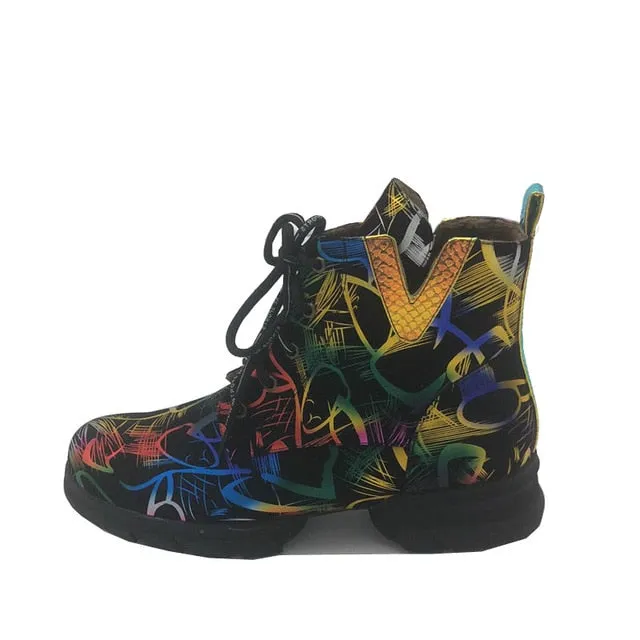 British style graffiti thick with newspaper pattern personality short boots