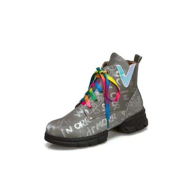 British style graffiti thick with newspaper pattern personality short boots