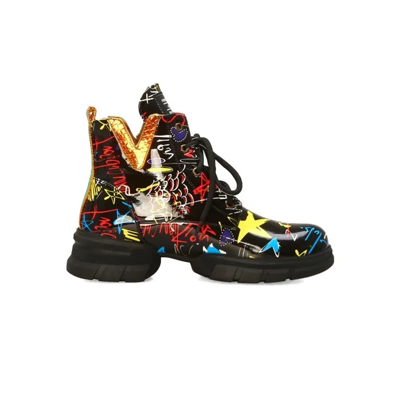 British style graffiti thick with newspaper pattern personality short boots