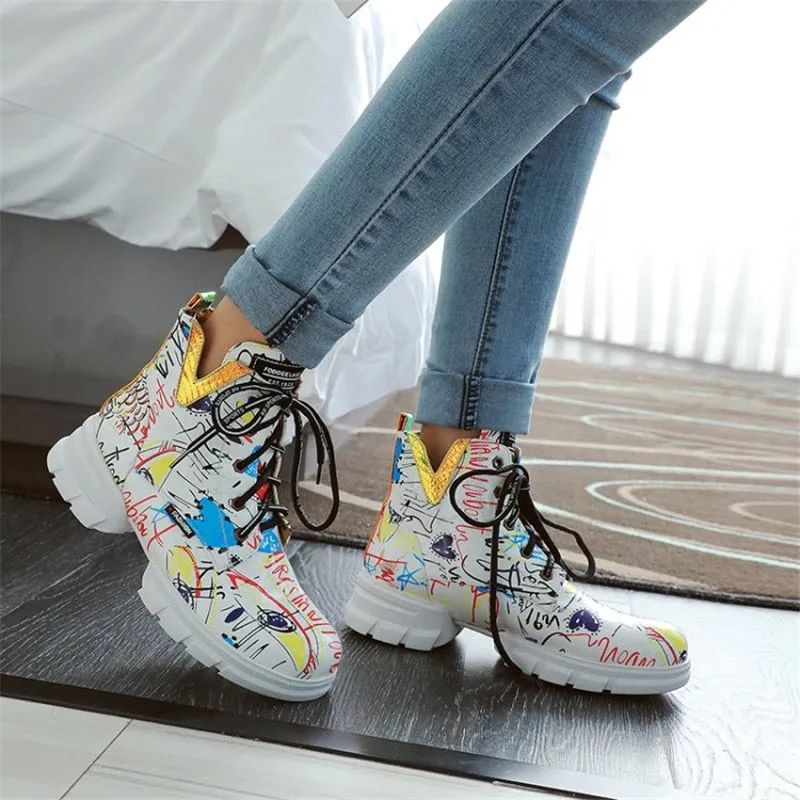 British style graffiti thick with newspaper pattern personality short boots