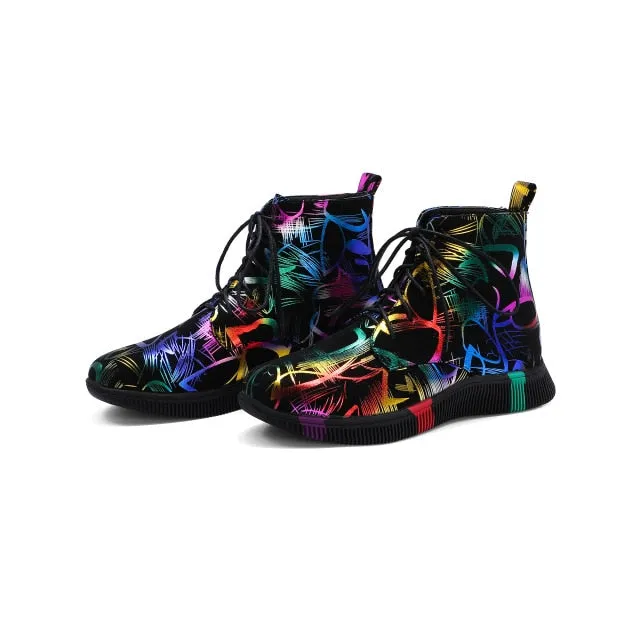 British style graffiti thick with newspaper pattern personality short boots