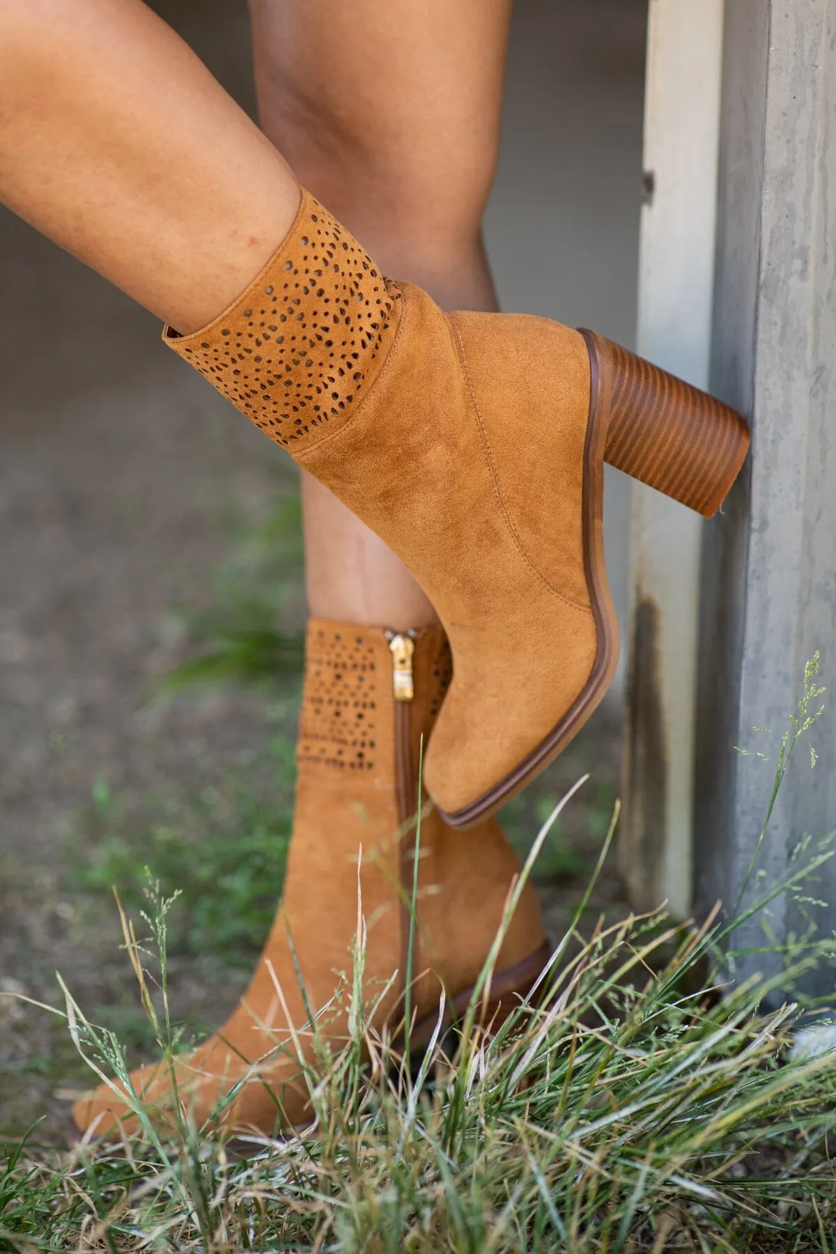 Camel Square Toe Laser Cut Detail Booties