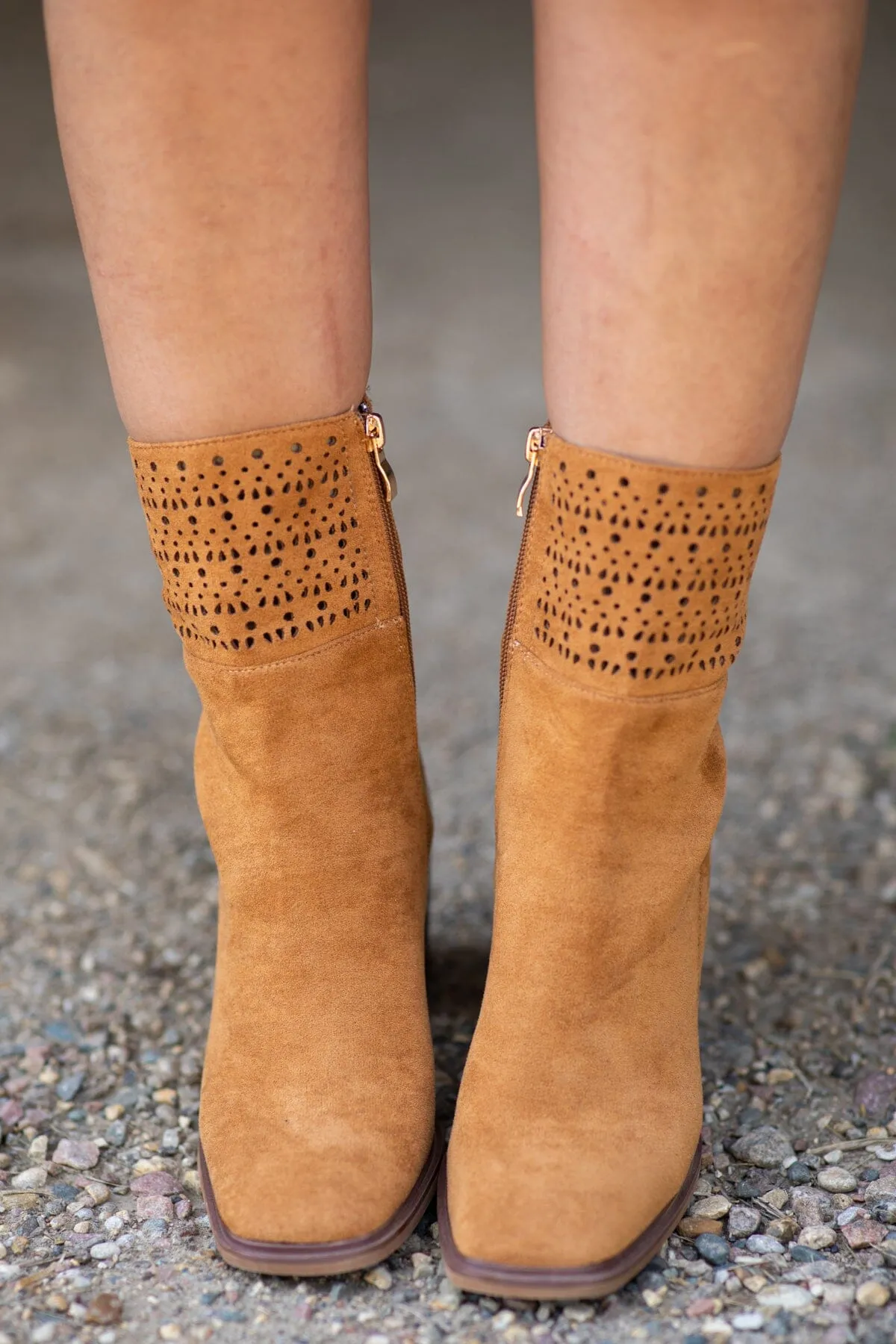 Camel Square Toe Laser Cut Detail Booties