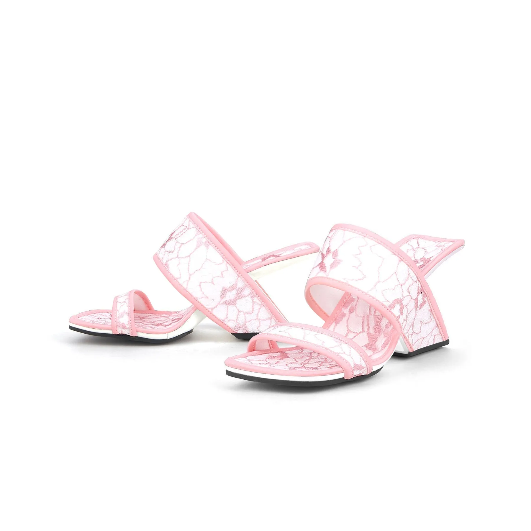 Camellia Lace Upper Leather Heeled Sandal - Pink